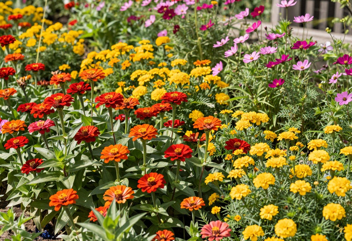 A densely planted garden border overflowing with red and orange zinnias, yellow marigolds, and pink cosmos in full bloom