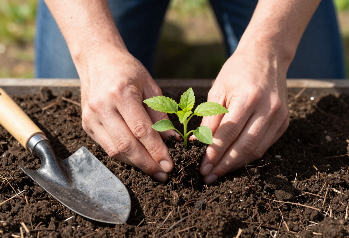 A gardener's hands gently transplanting a small young annual flower seedling into loosened dark garden soil