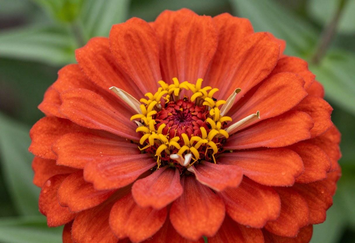 Extreme close-up of a vivid layered orange zinnia flower in full bloom with a golden center