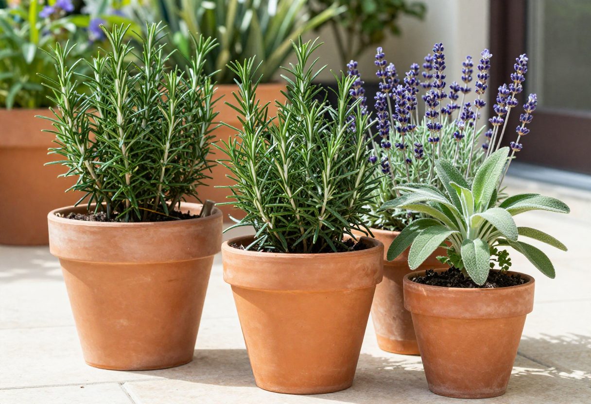 Terracotta containers of rosemary, lavender, and sage grouped together on a sunny patio