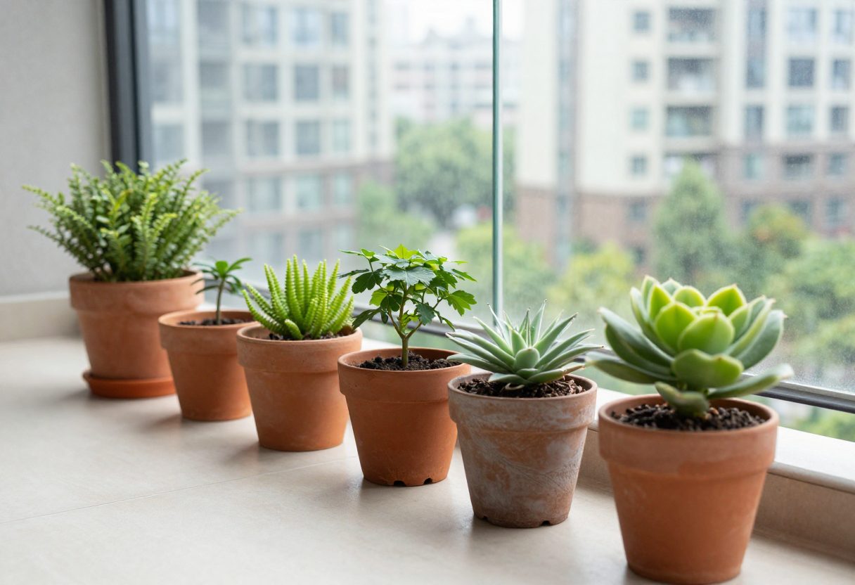 Several small potted plants arranged along the edge of a city apartment balcony