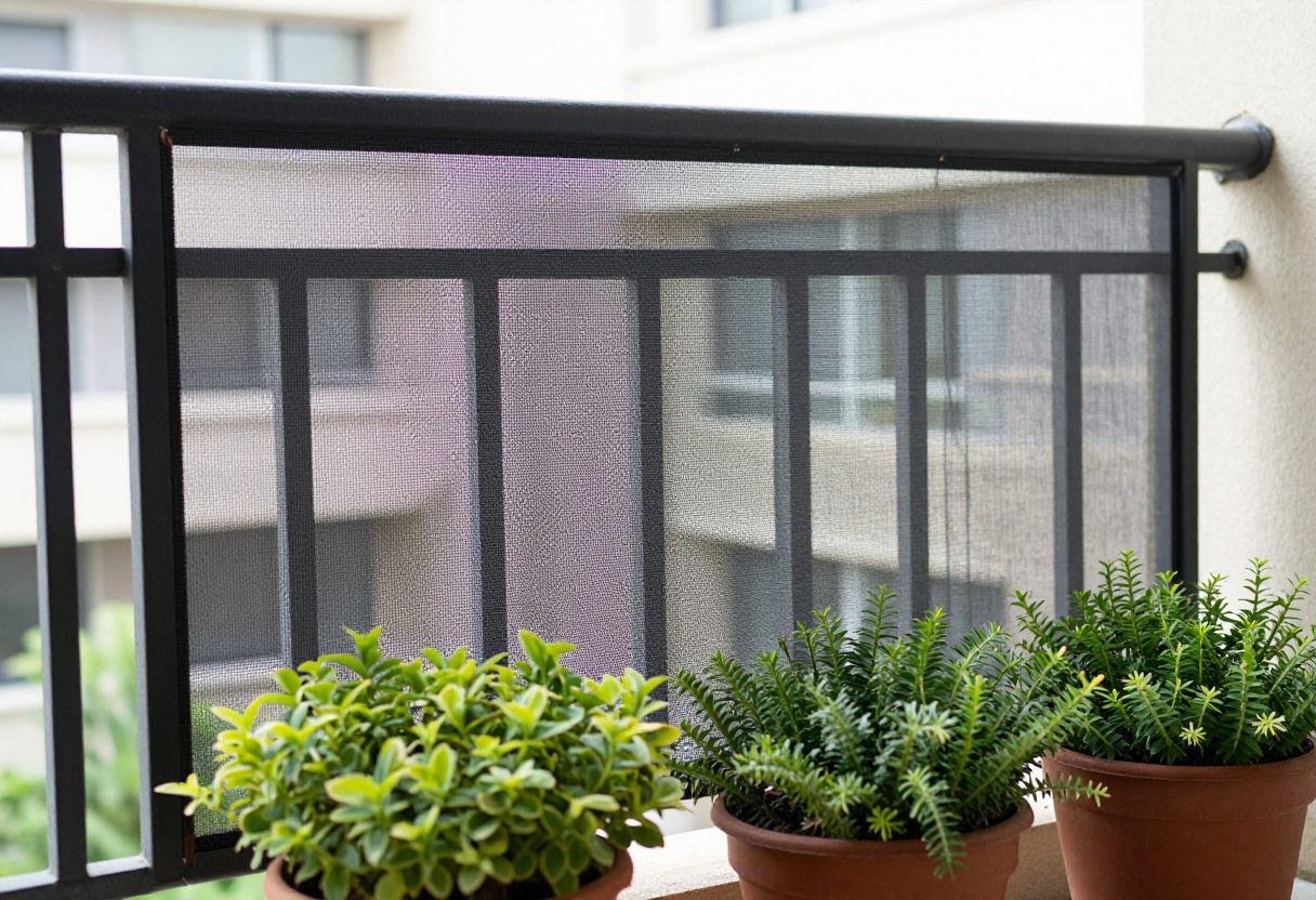 A mesh wind-permeable screen installed along a balcony railing with potted plants