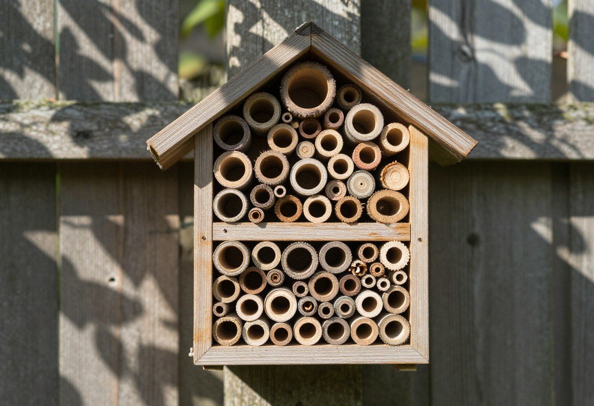 A wooden insect hotel filled with bundled bamboo tubes of varying diameters, mounted on a garden fence