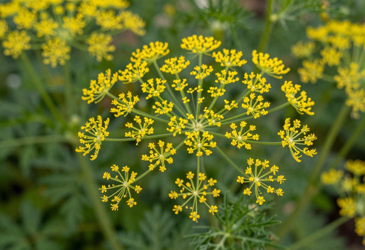 A flowering dill plant with delicate lacy yellow umbel flower clusters and feathery green foliage