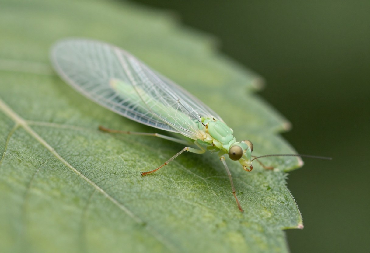 A pale green lacewing insect with delicate net-veined transparent wings resting on a leaf