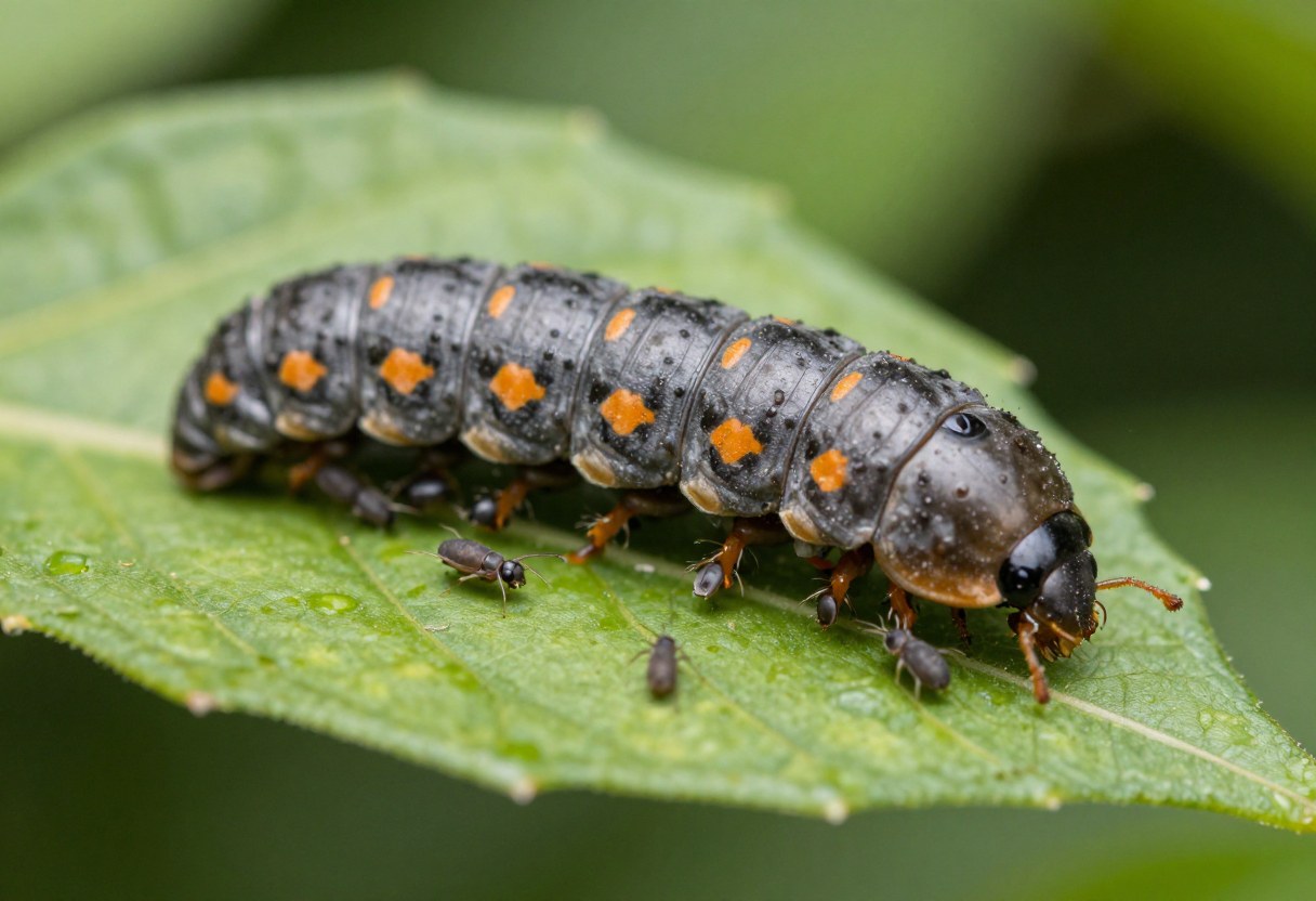 An alligator-shaped ladybug larva with orange spots crawling among small aphids on a green leaf