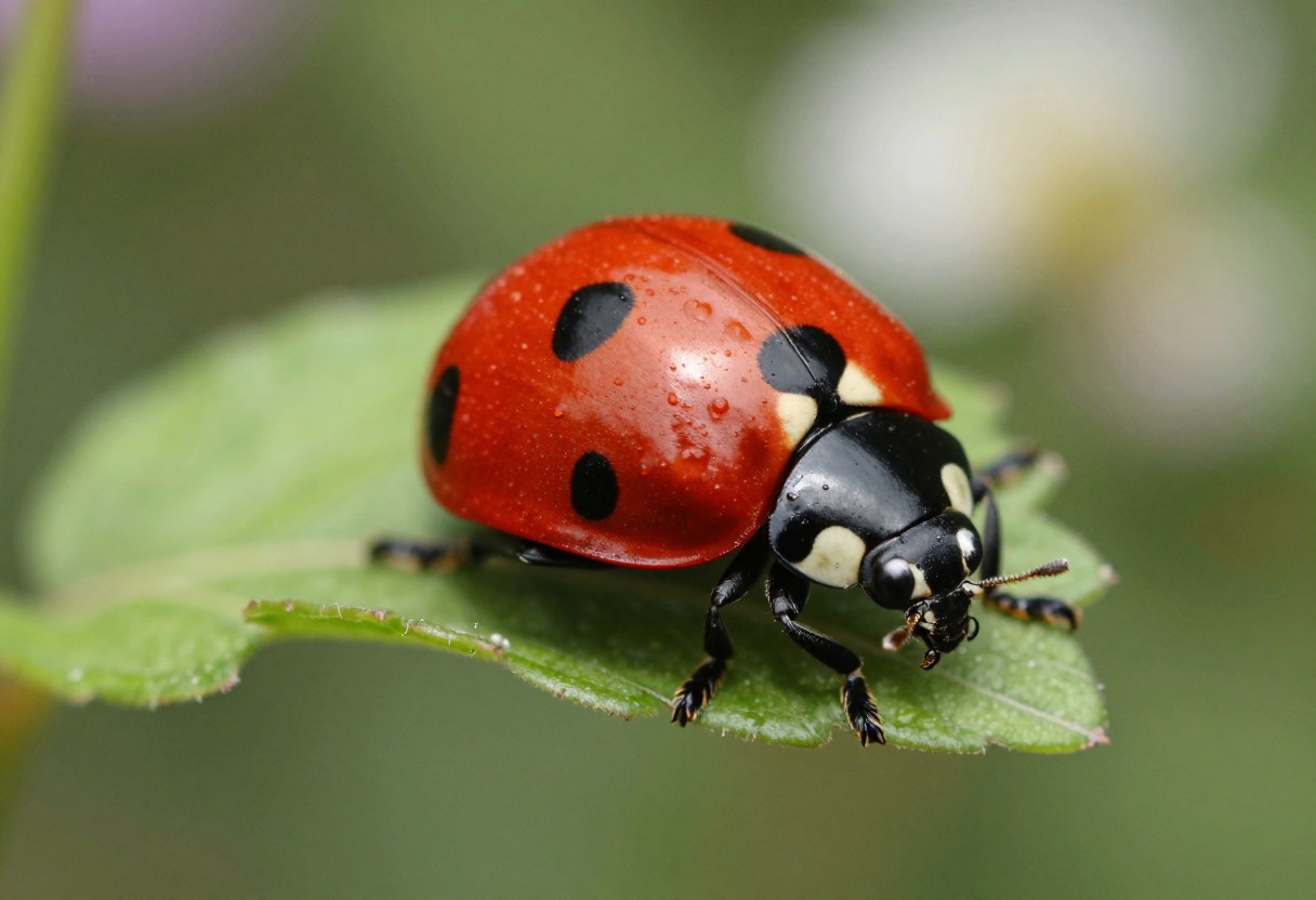 A close-up of a red ladybug with black spots resting on a green leaf