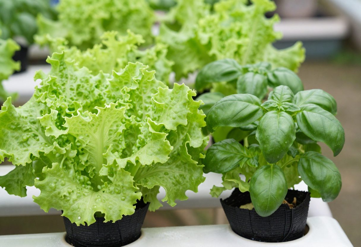 Healthy lettuce and basil plants growing together in a hydroponic system