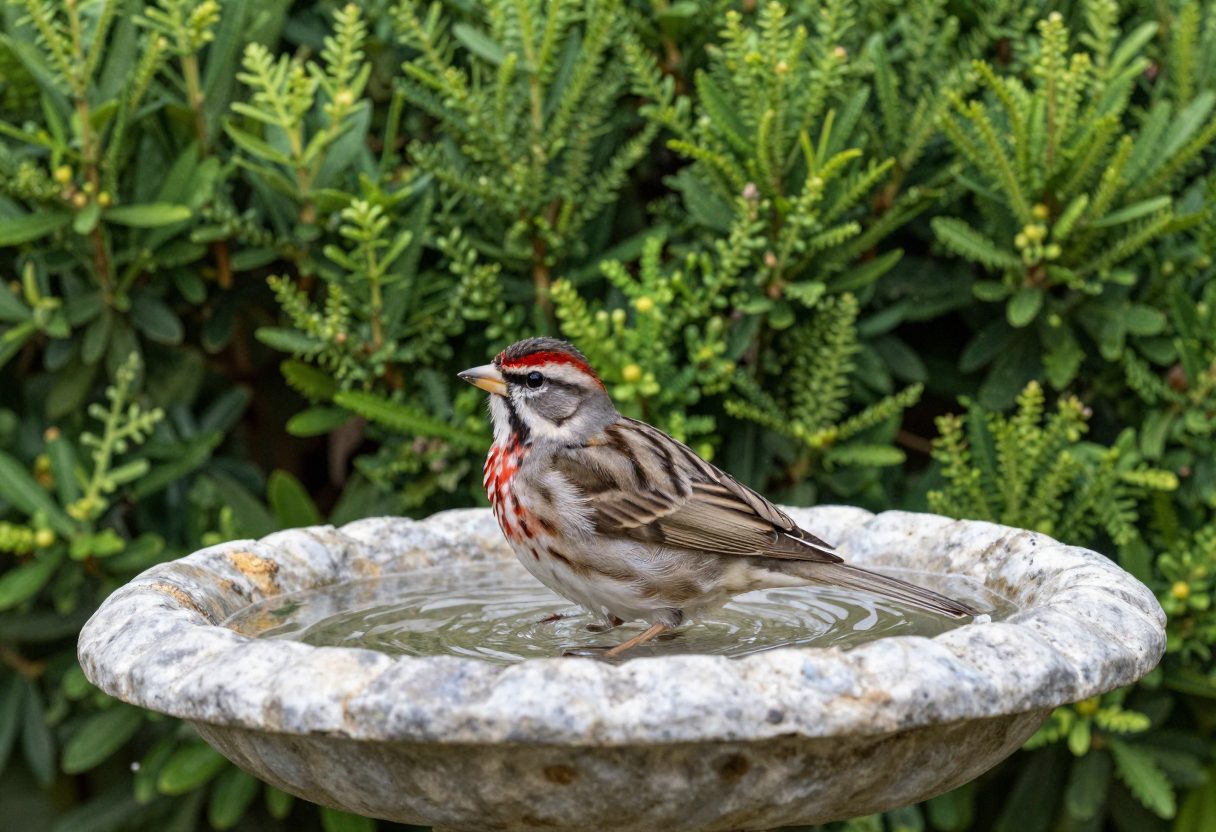 A small bird bathing in a stone birdbath positioned near dense shrub cover in a garden