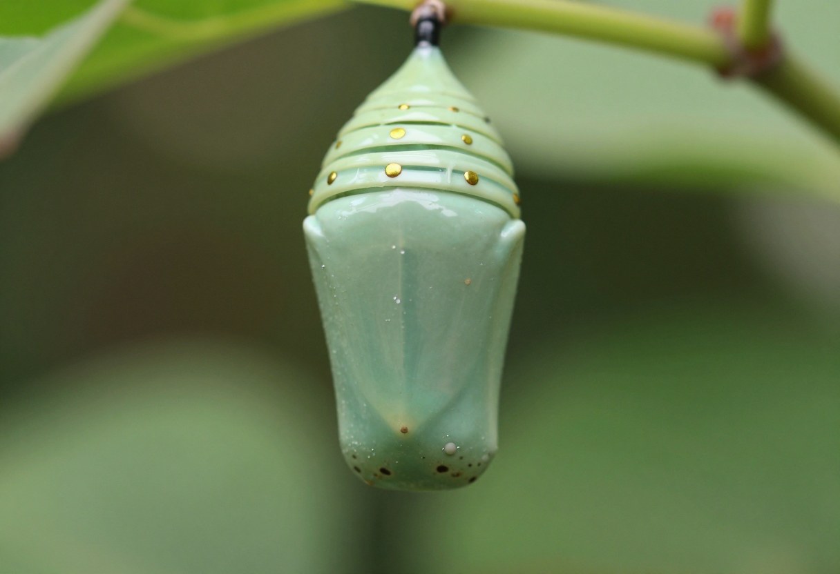 A jade green monarch butterfly chrysalis with a ring of metallic gold dots, hanging from a thin stem