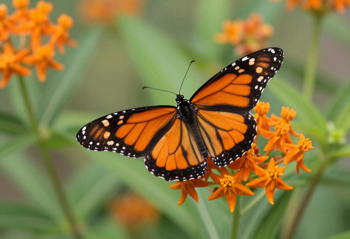 A monarch butterfly with brilliant orange wings and black veins perched on orange butterfly weed milkweed flowers