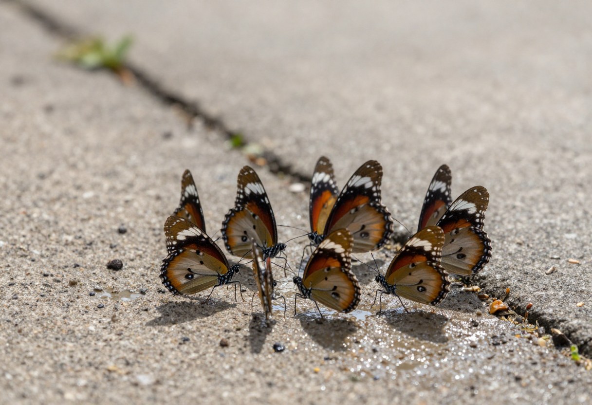 A small cluster of butterflies gathered together puddling on wet sand at the edge of a garden path