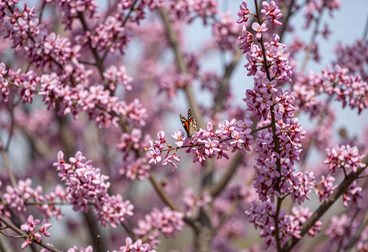 A flowering eastern redbud tree covered in small pink-purple blossoms with a butterfly nectaring on the flowers