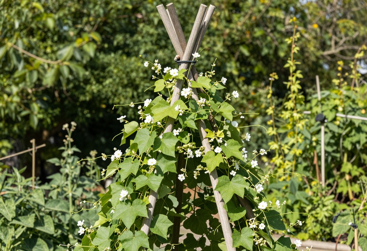 A tall garden bean teepee made of wooden poles tied at the top, covered in climbing green bean vines and small white flowers