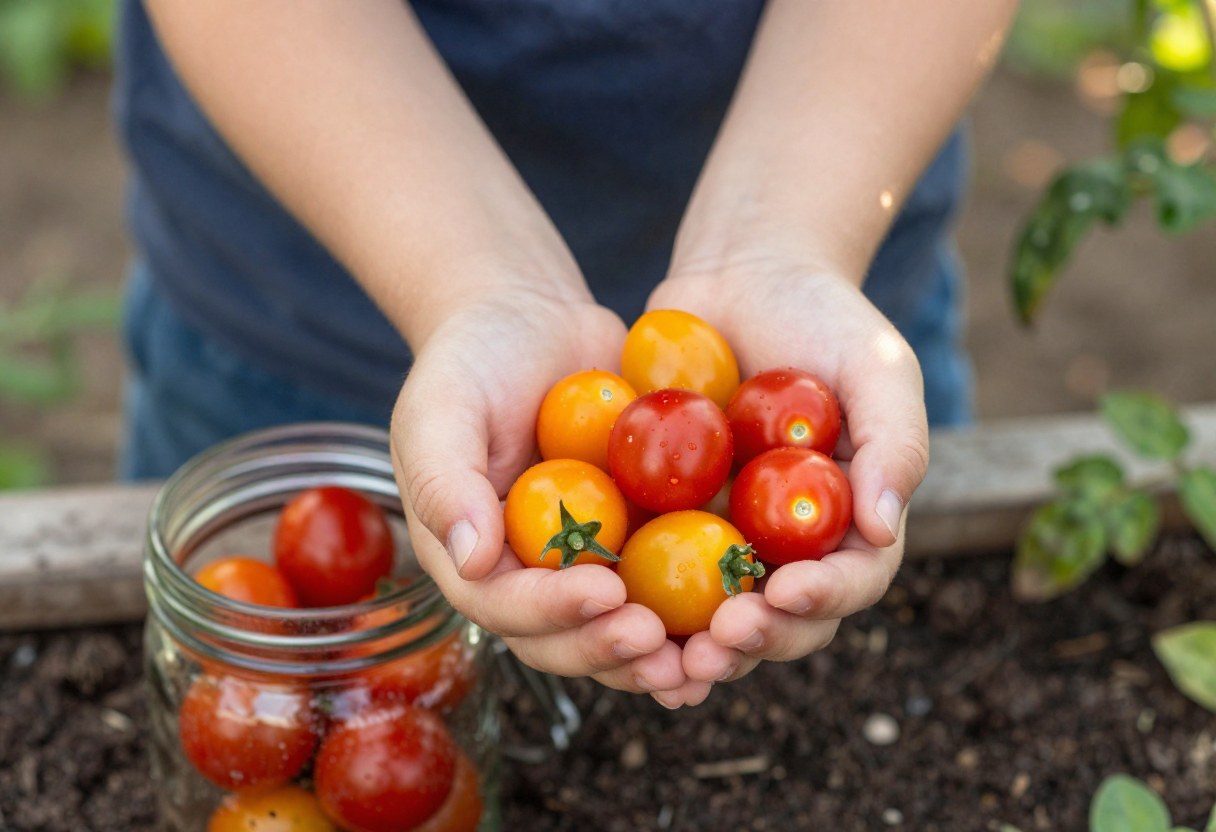 A child's hands cupping a small pile of ripe red and orange cherry tomatoes just picked, a mason jar beside them