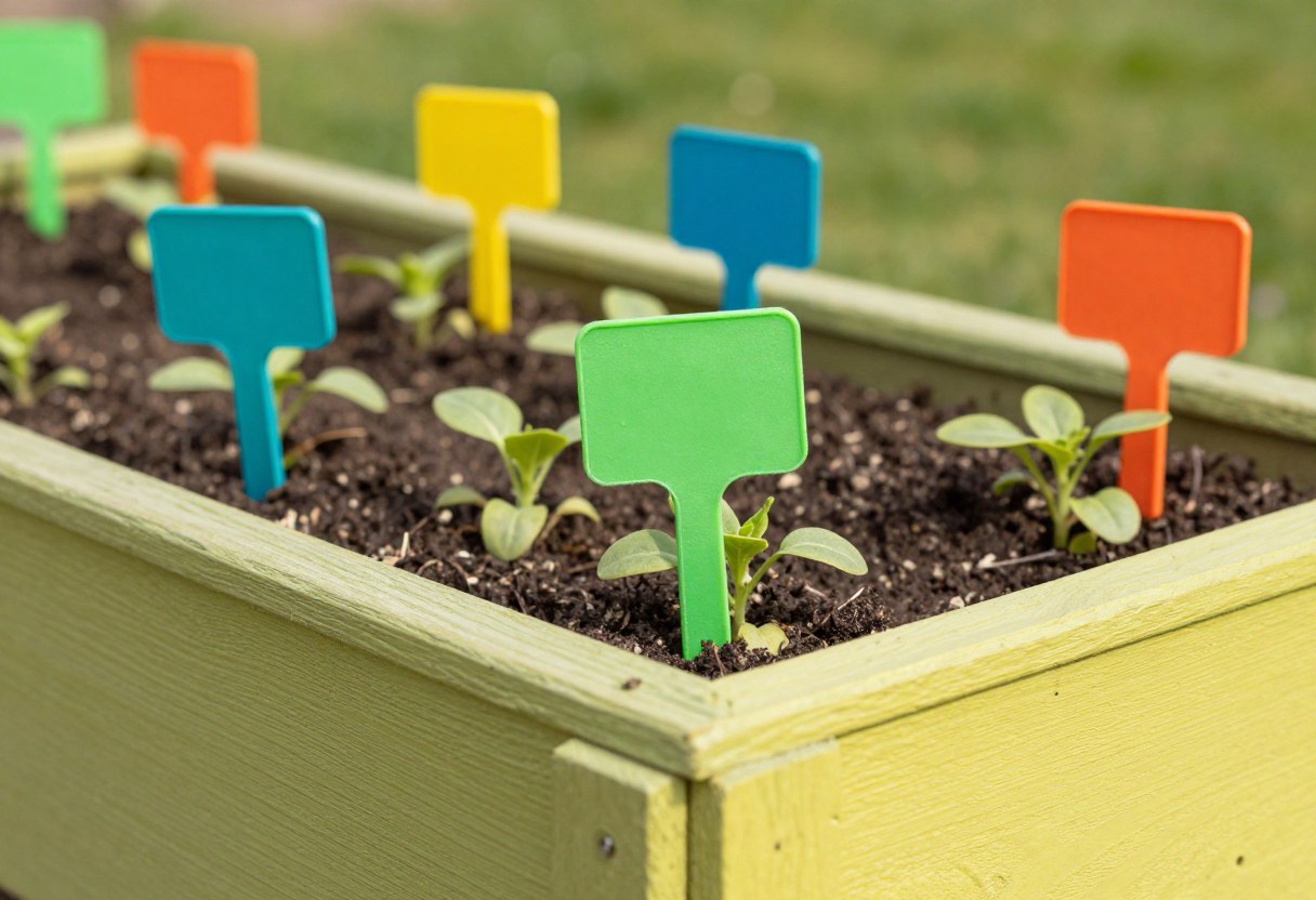 A small wooden raised garden bed painted in bright cheerful colors with colorful plant marker stakes among young vegetable seedlings
