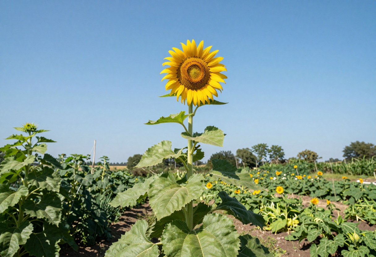 An extremely tall sunflower with a large yellow bloom towering above rows of vegetables in a sunny garden