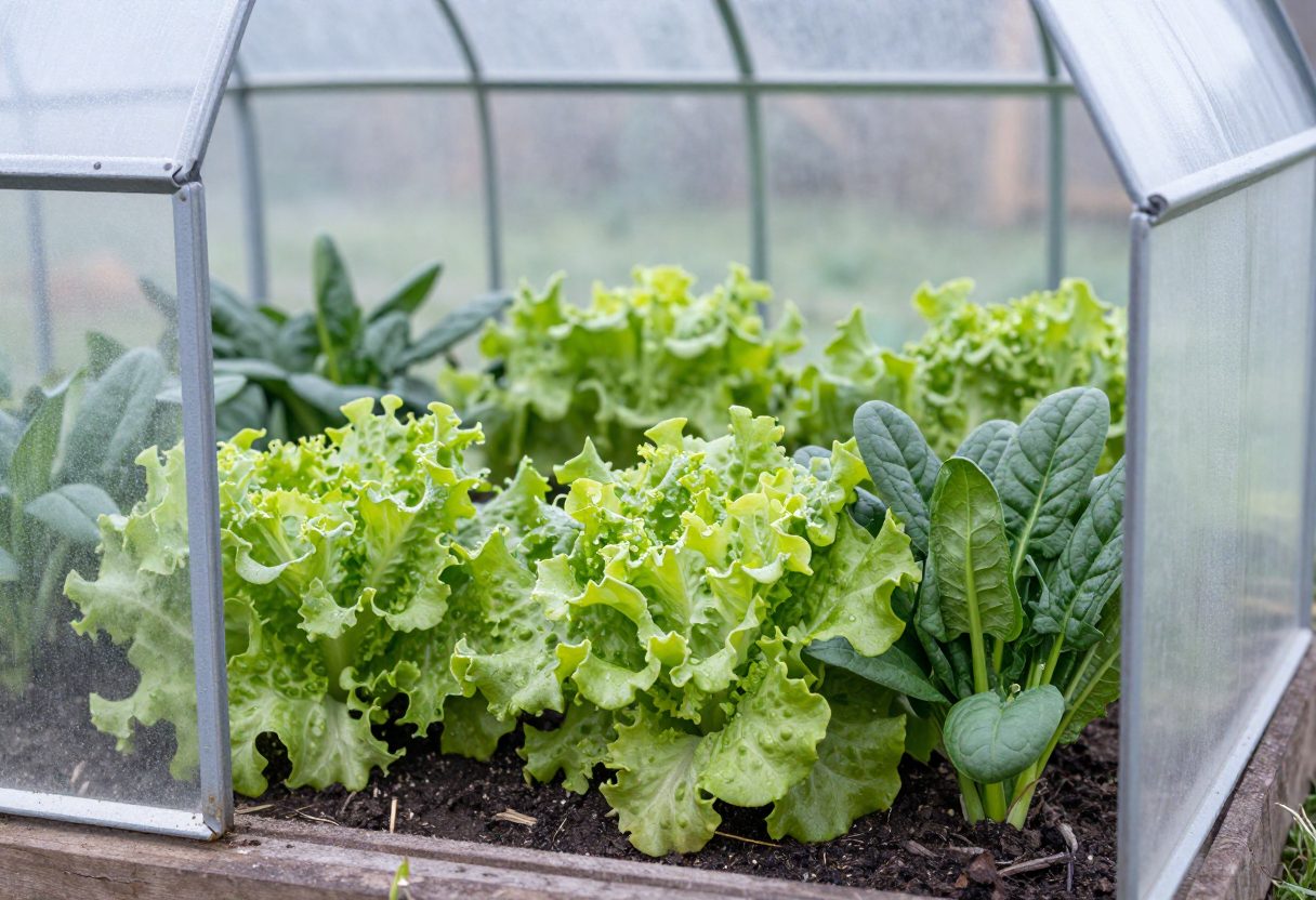 Fresh lettuce and spinach growing inside an open cold frame in winter