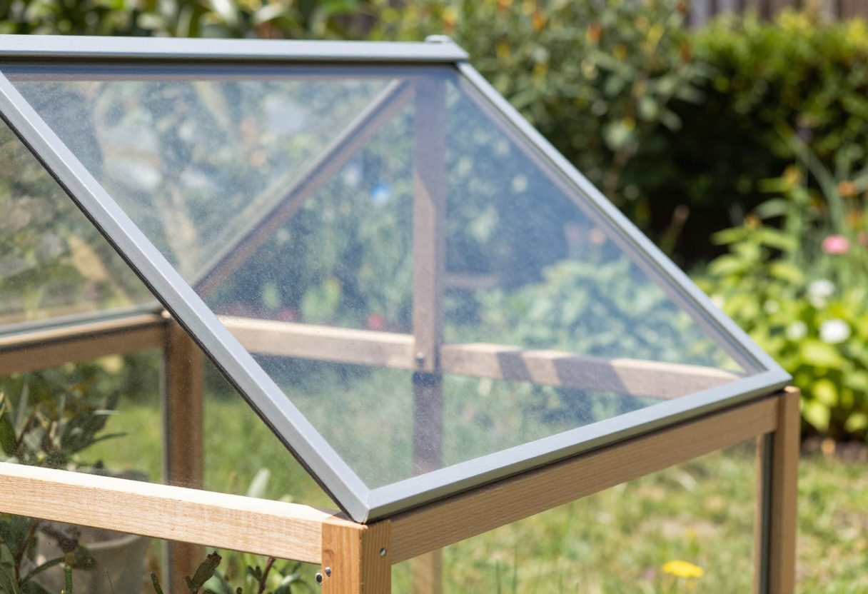 A cold frame lid propped open with a stick to vent excess heat on a sunny day