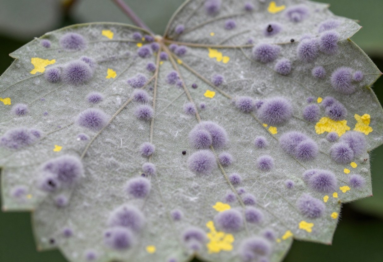 The underside of a leaf showing gray-purple fuzzy downy mildew sporulation between the veins with angular yellow spots