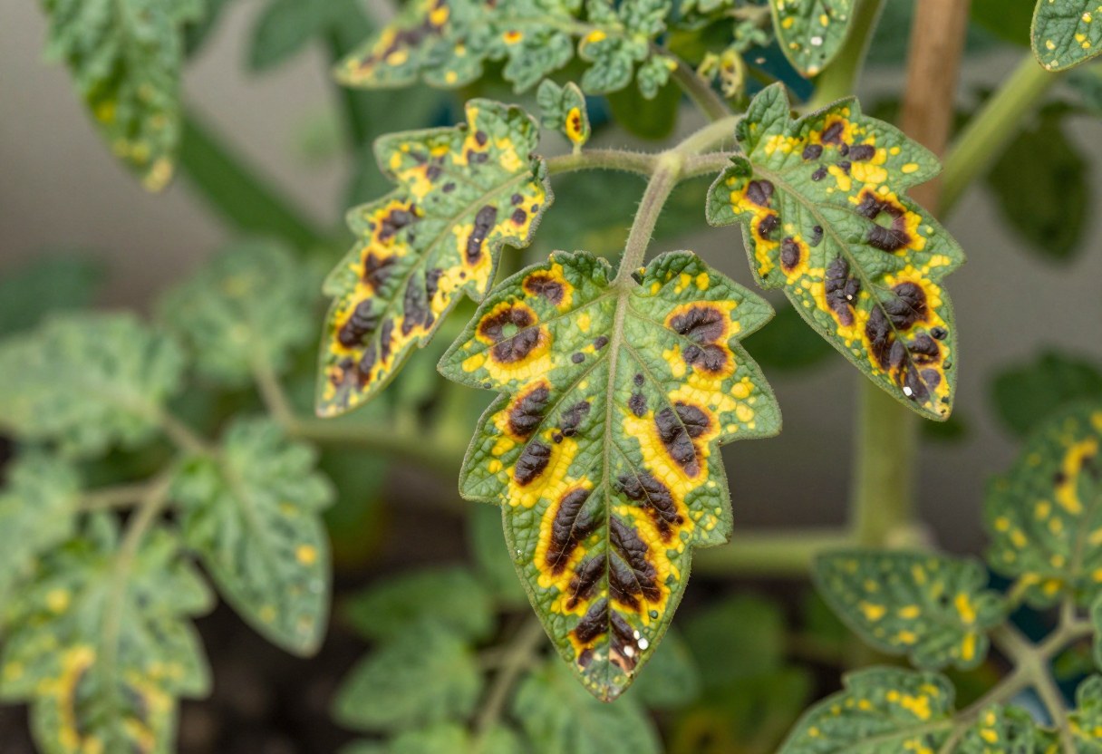 A tomato leaf with dark brown concentric ring target-spot lesions surrounded by yellow halos