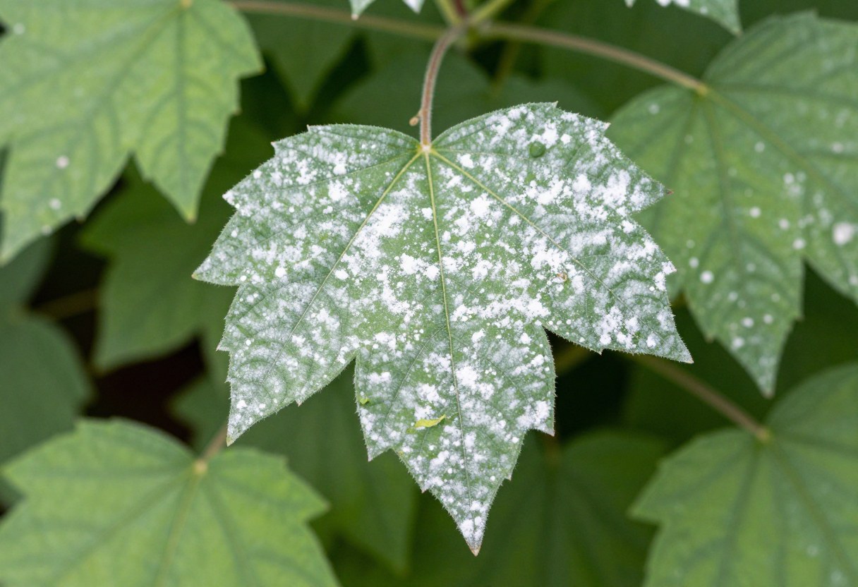A green leaf covered in white powdery mildew fungal coating on its upper surface