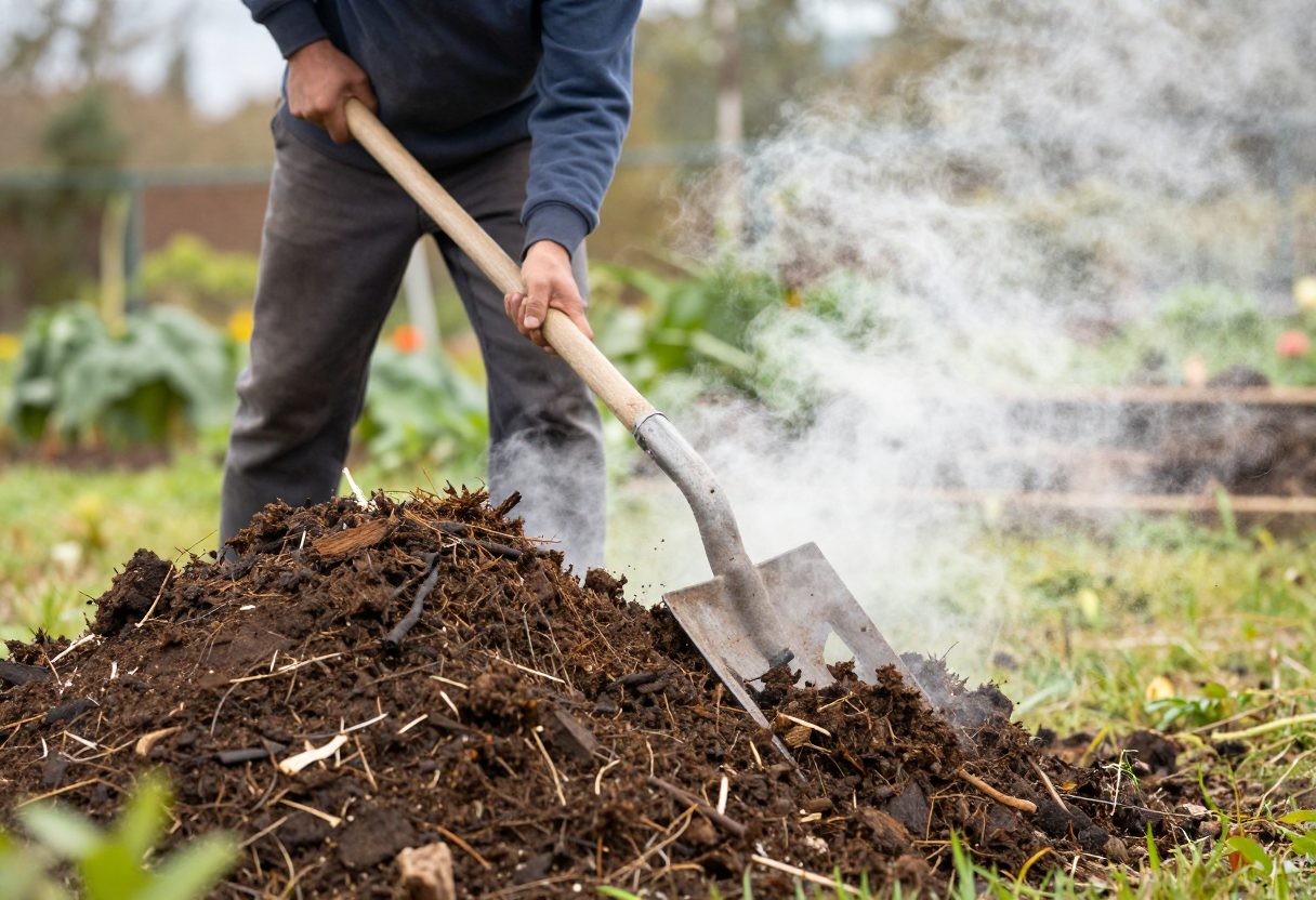 A gardener turning a large steaming compost pile with a pitchfork