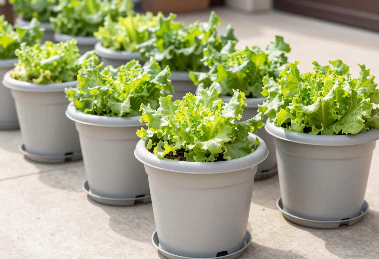 Light-colored vegetable containers elevated on pot feet on a sunny patio