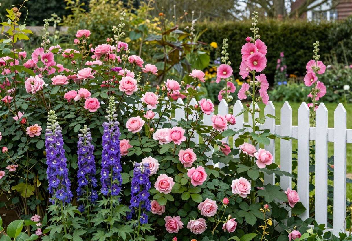 An overflowing cottage garden border with pink roses, purple delphiniums, and tall hollyhocks against a white picket fence