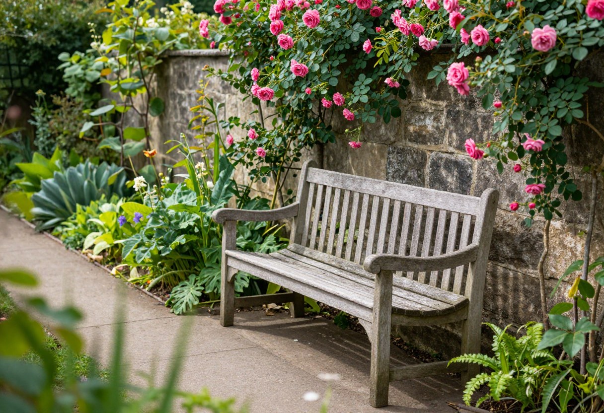 A weathered wooden garden bench beside a rose-covered stone wall along a narrow garden path