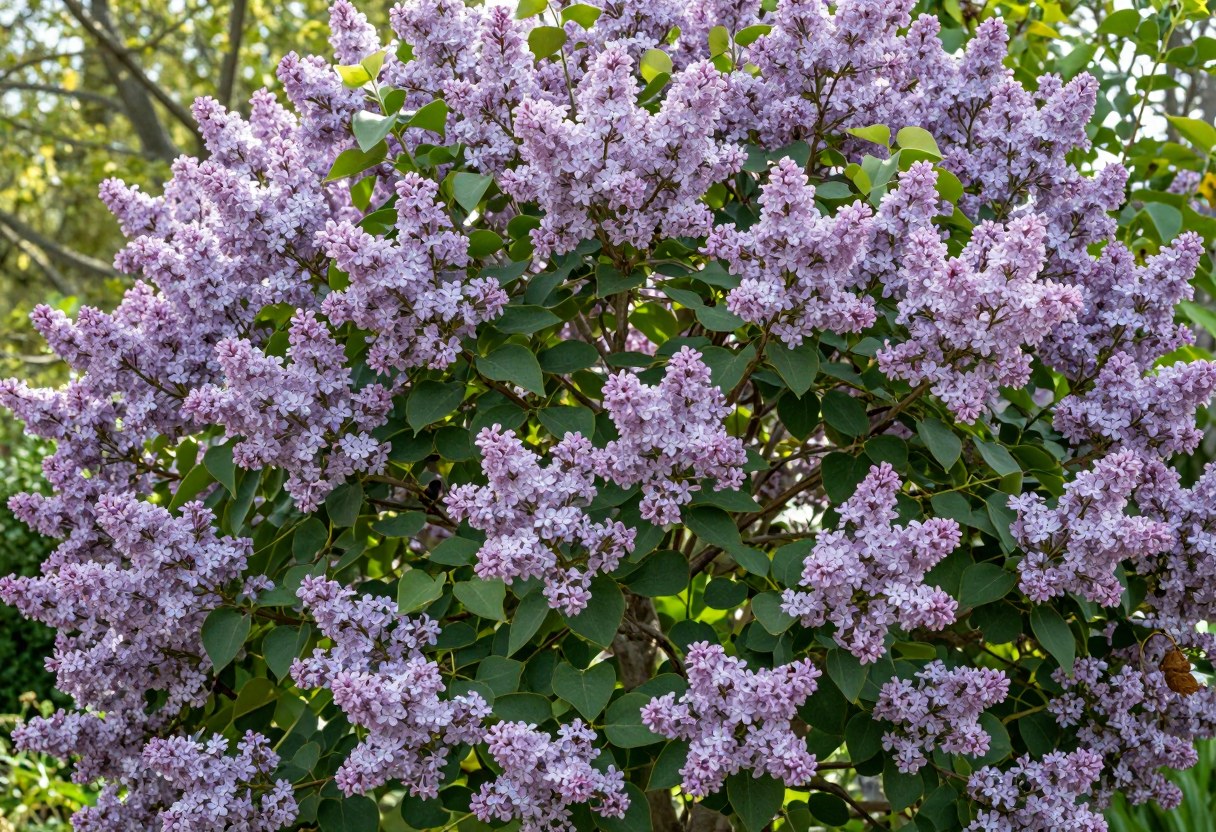 A large lilac shrub covered in dense clusters of light purple flowers in full spring bloom