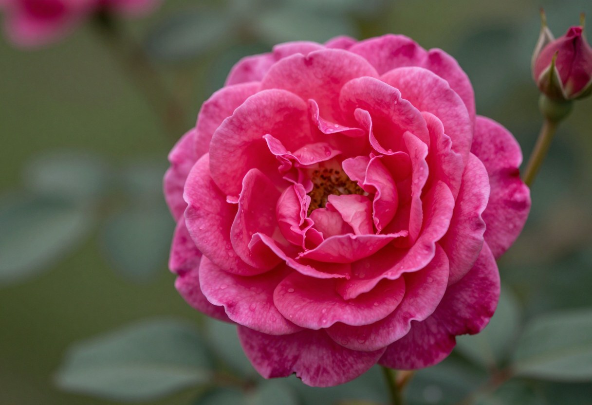 A deep pink fully double rosette garden rose in full bloom with densely packed petals