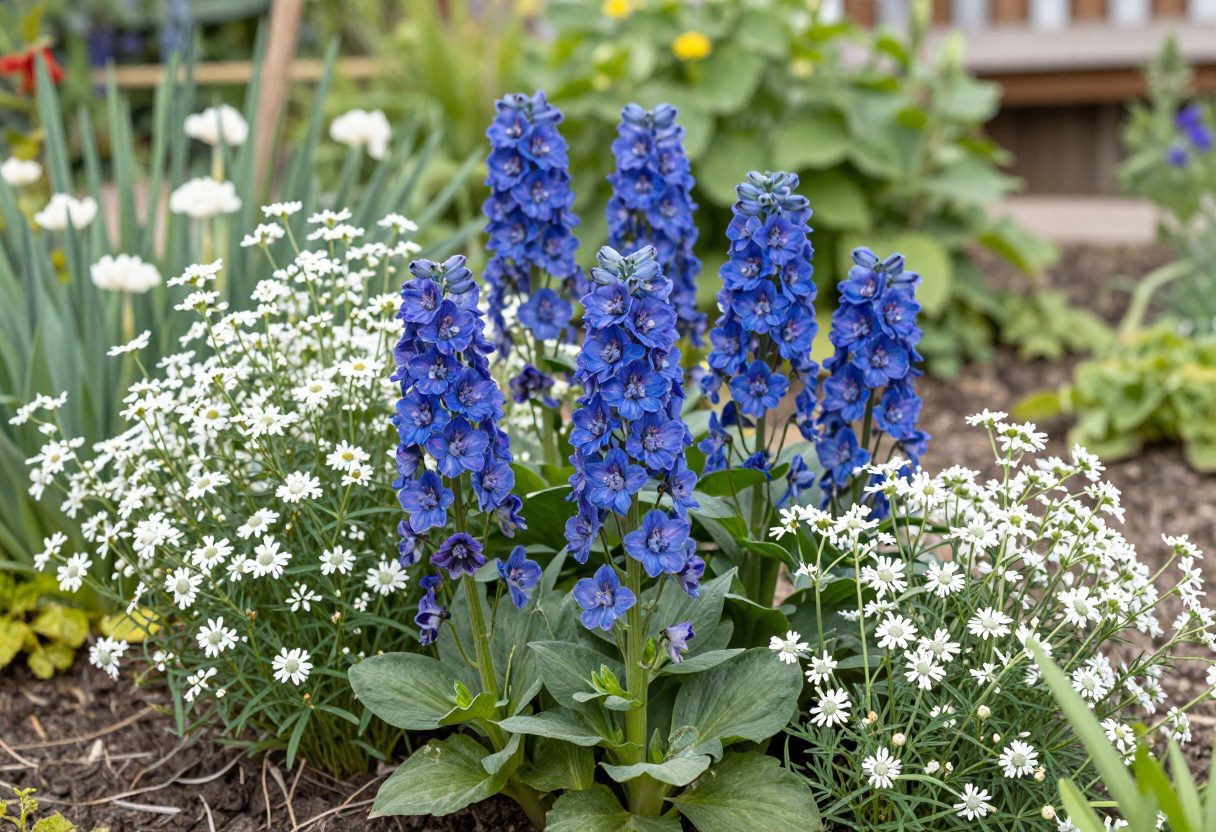 Larkspur and love-in-a-mist self-seeding annuals blooming together in a cottage garden bed