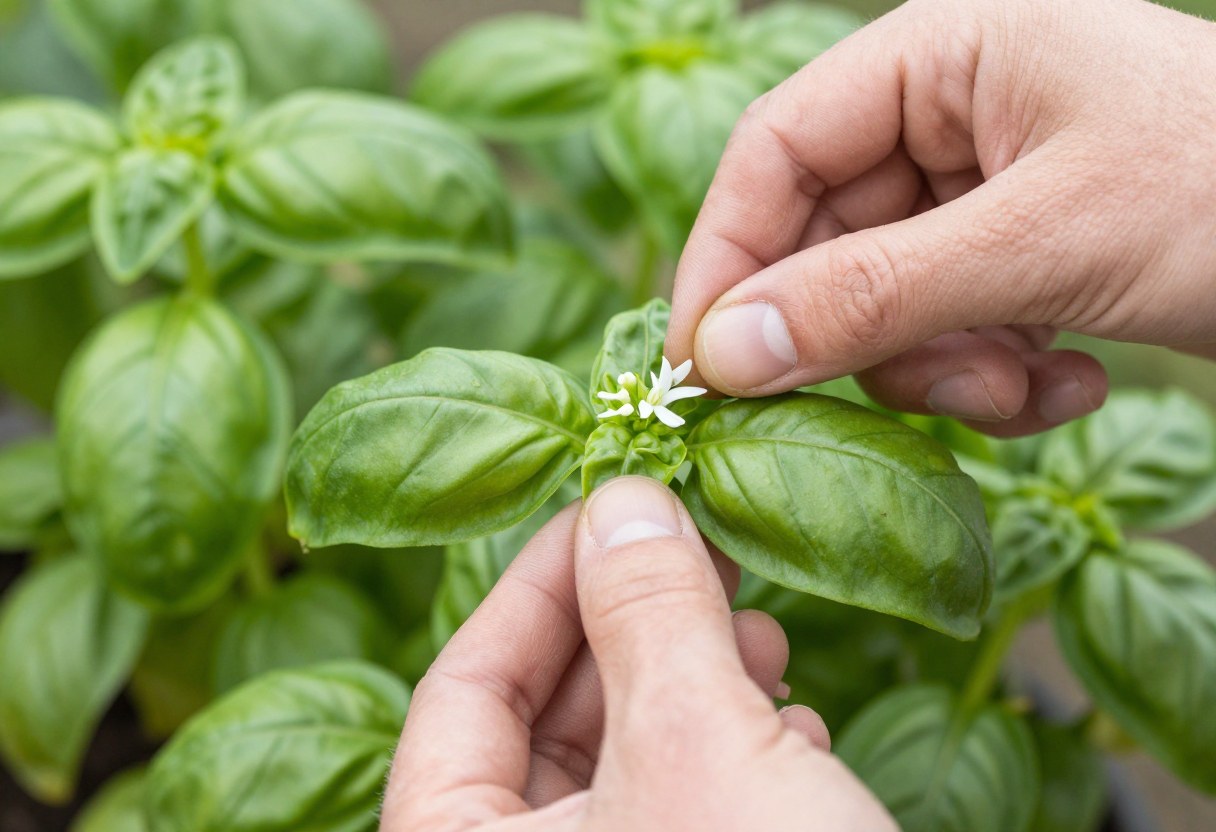 A gardener's fingers pinching off a small white flower bud from the top of a lush green basil plant