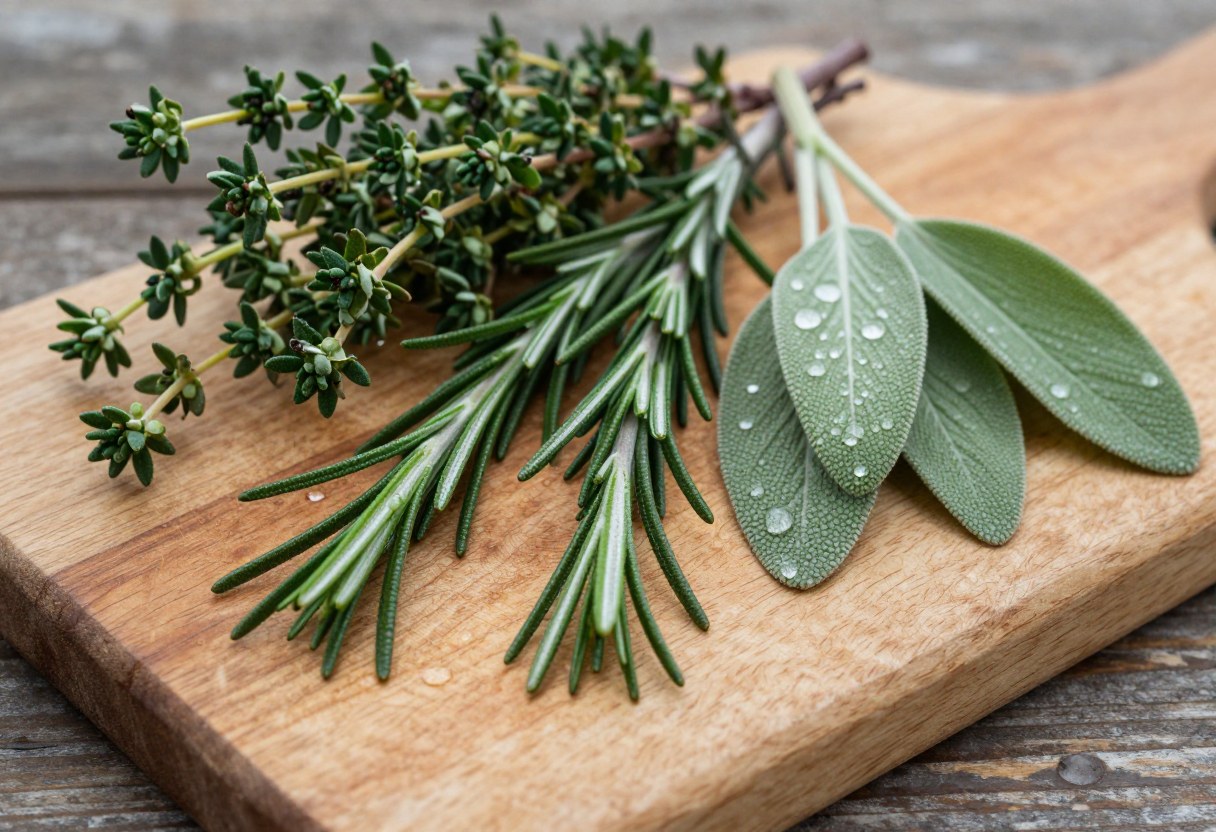 A rustic wooden cutting board with freshly harvested thyme, rosemary, and sage sprigs laid out, morning dew visible