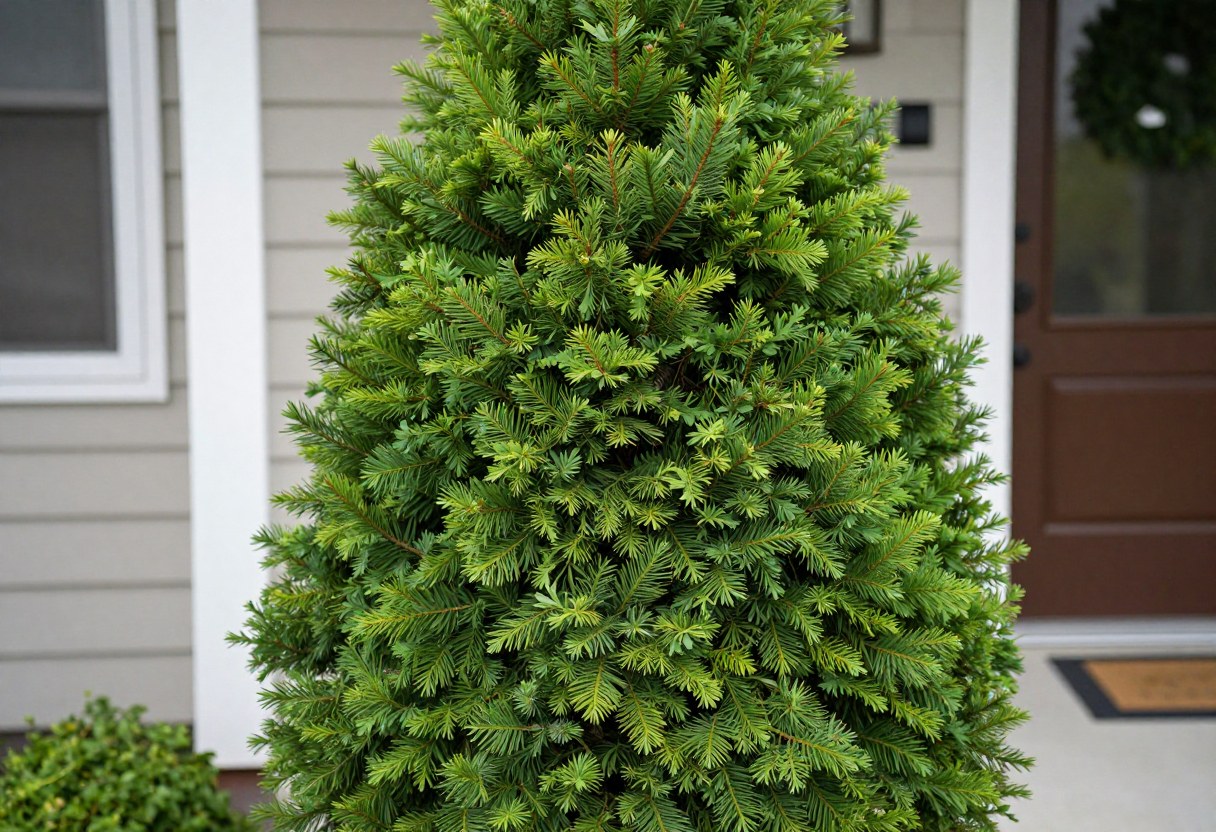 A perfectly shaped dwarf Alberta spruce specimen shrub with dense cone-shaped form, planted near a home's entry