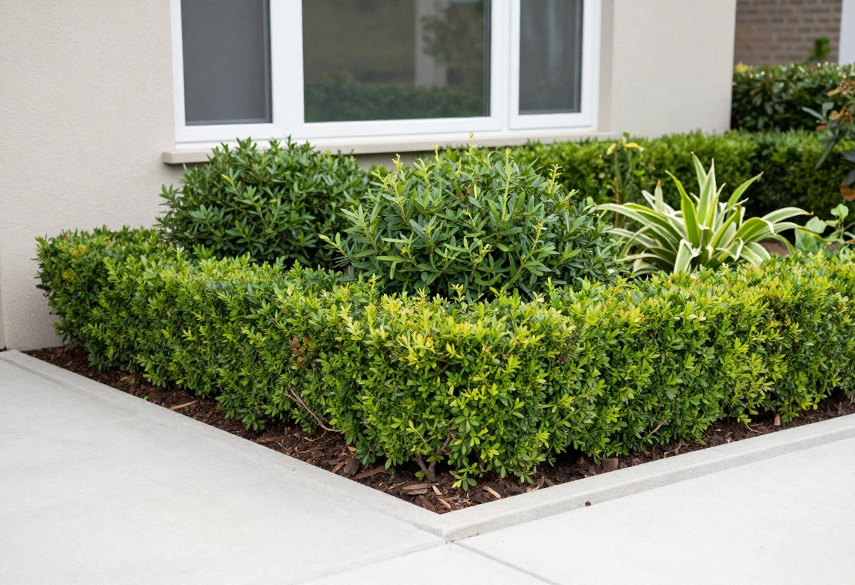 A well-maintained foundation planting bed with layered boxwood and dwarf shrubs beneath a house's windows
