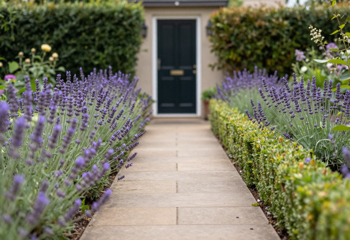 A welcoming garden path lined with lavender and low boxwood hedges leading to a front door