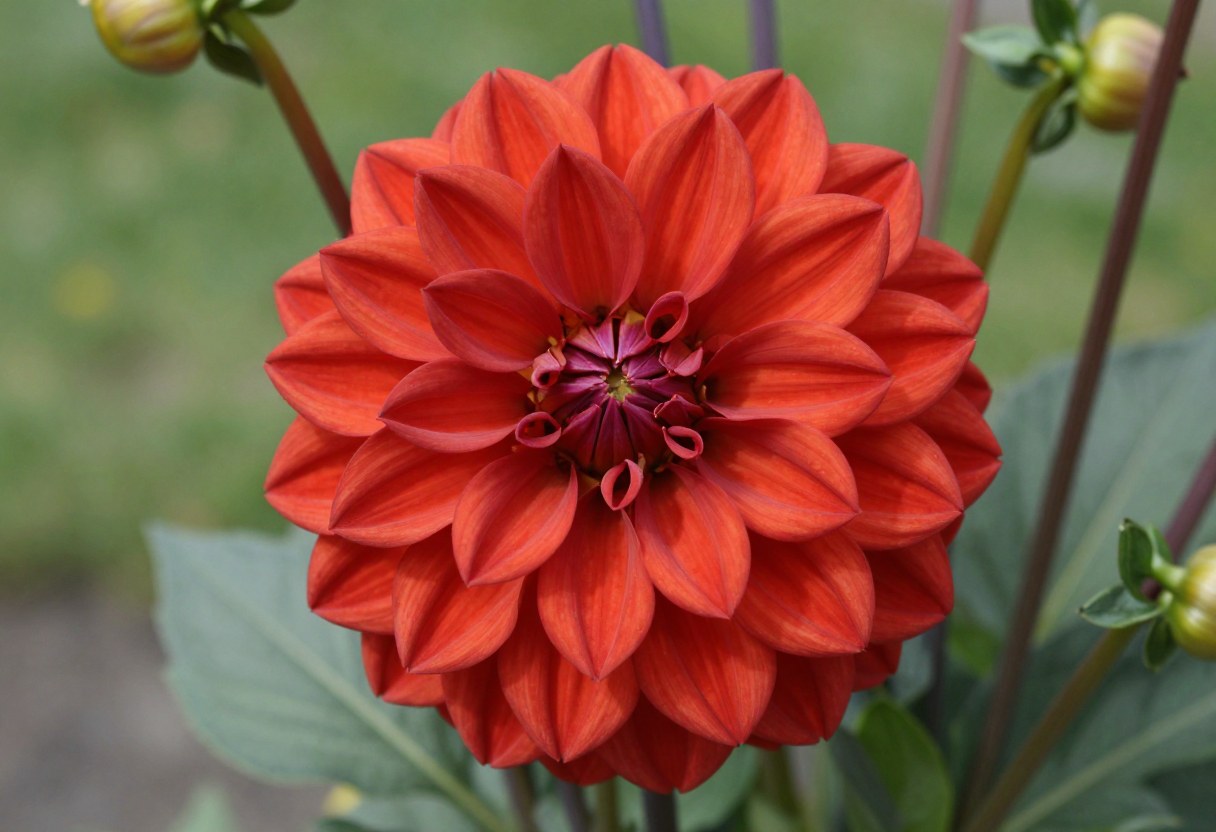 A close-up of a large dinnerplate dahlia flower in vivid deep red-orange with intricate layered petals