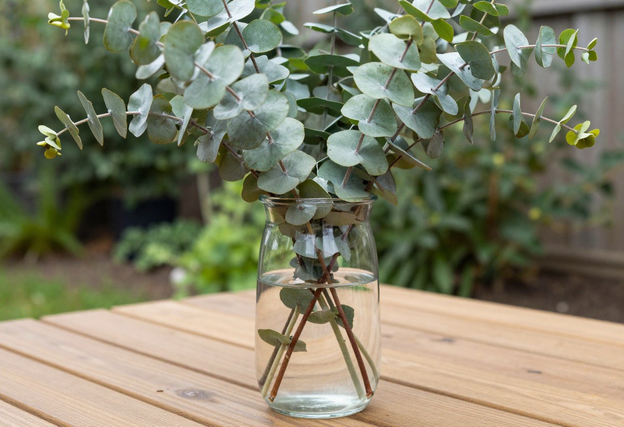 A clear glass vase with crisscrossed eucalyptus branches forming a structural grid, ready for flowers to be added