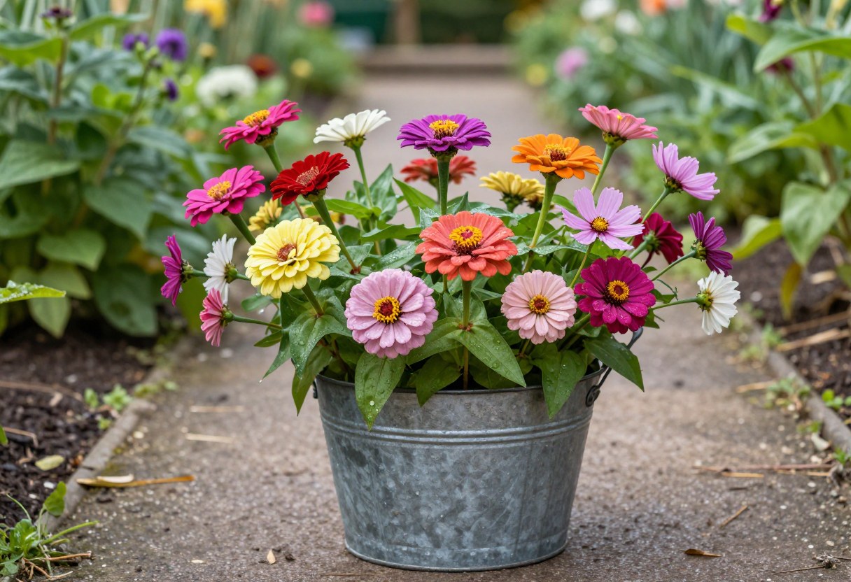 A rustic metal bucket filled with an abundance of freshly cut zinnias, cosmos, and dahlias sitting on a garden path