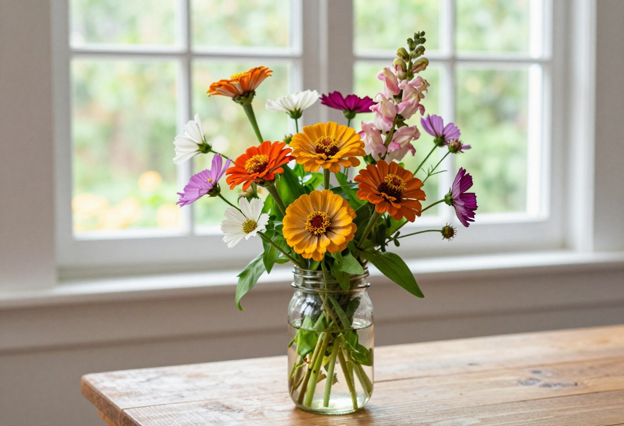 A lush garden-style bouquet of mixed zinnias, cosmos, and snapdragons arranged in a rustic mason jar on a wooden table