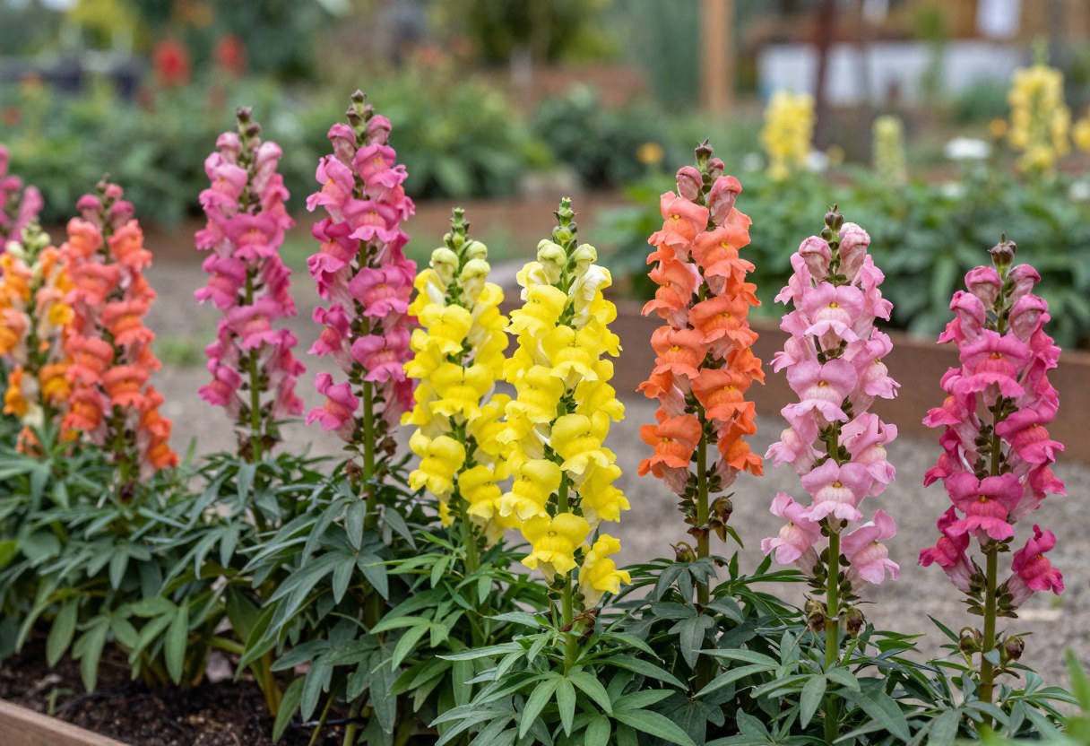 A row of tall snapdragon flower spikes in mixed pink, yellow, and orange colors growing in a cutting garden bed
