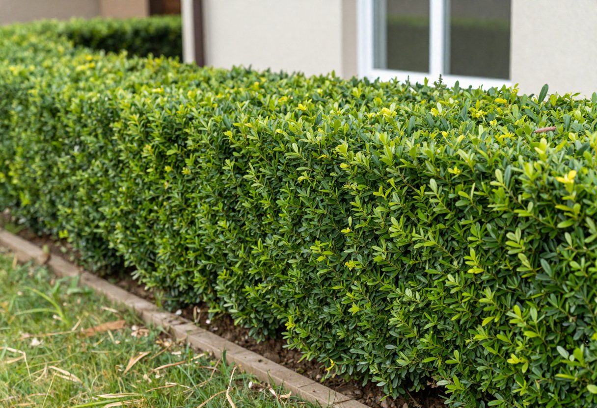 A well-maintained boxwood hedge along a garden foundation planting
