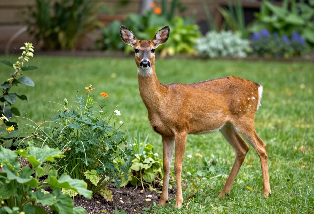 A deer standing at the edge of a suburban backyard near garden plantings