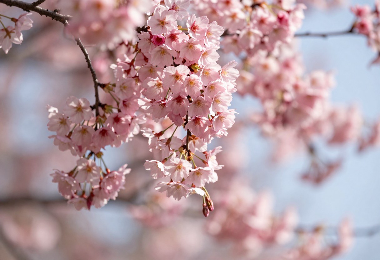 Extreme close-up of cascading pink cherry blossom branches in full bloom against a soft blue sky