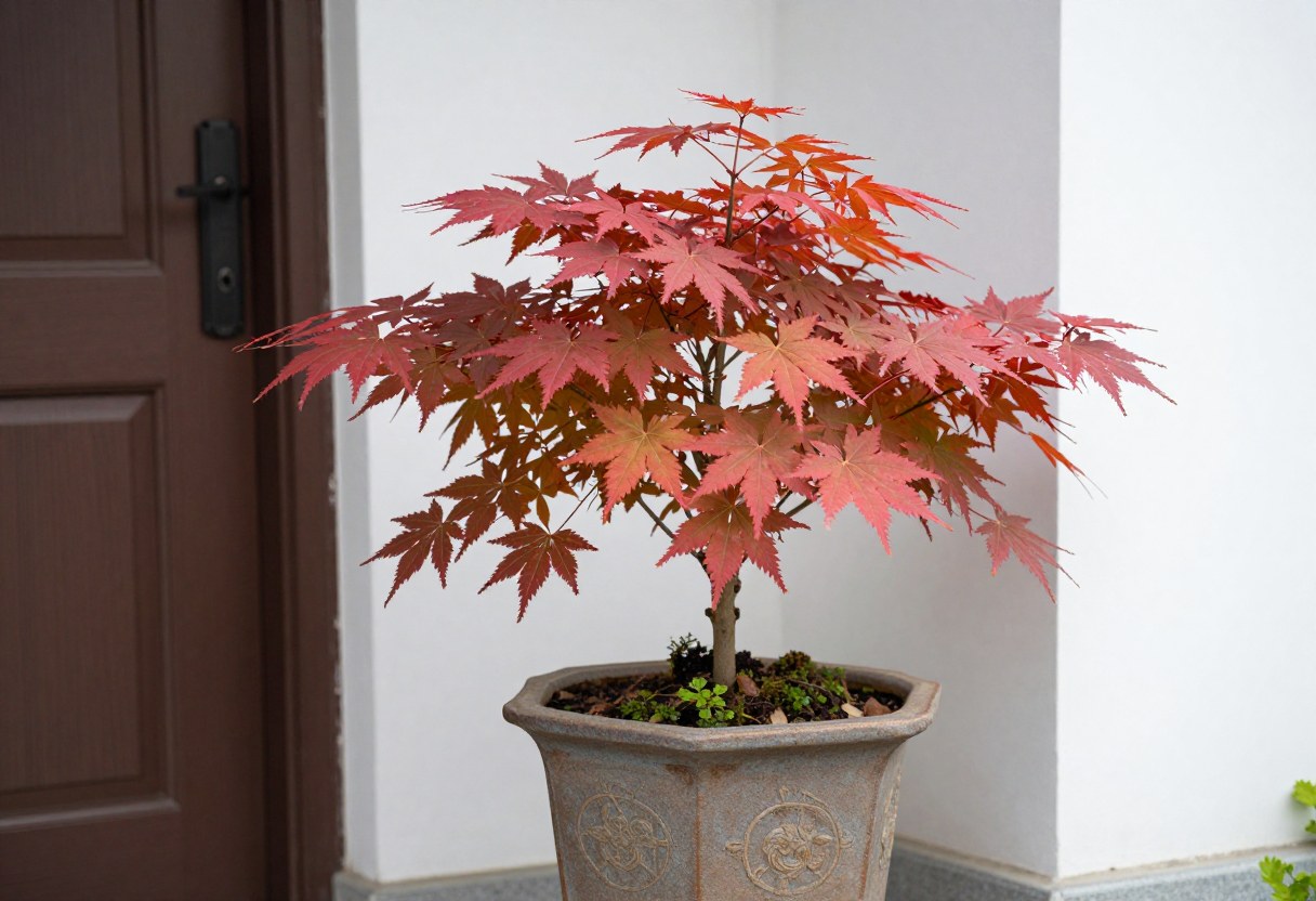 A compact Japanese maple with delicate red-orange foliage growing in an elegant ceramic container beside a front door