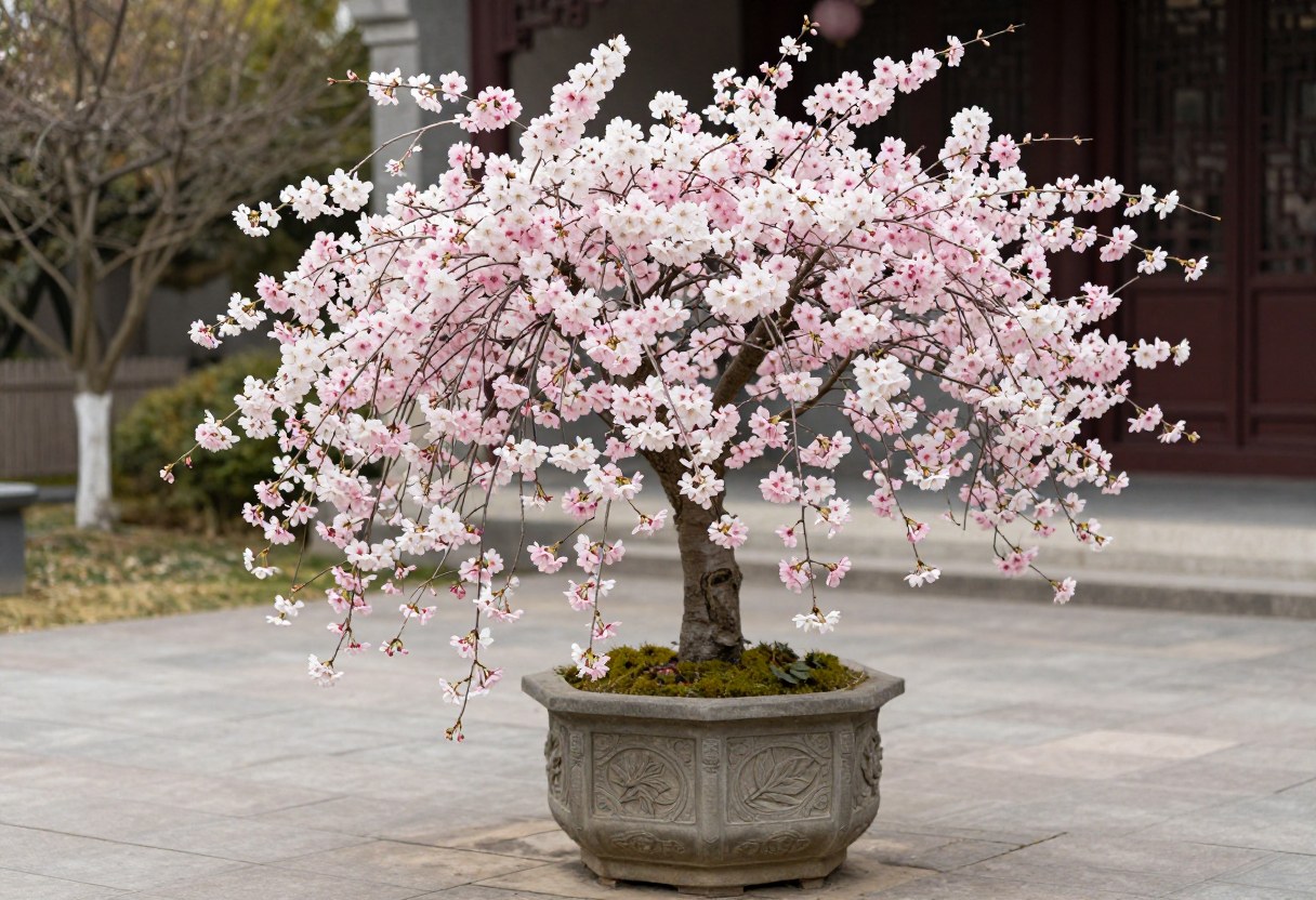 A small weeping cherry tree in full pink and white blossom growing in a large decorative container on a stone patio