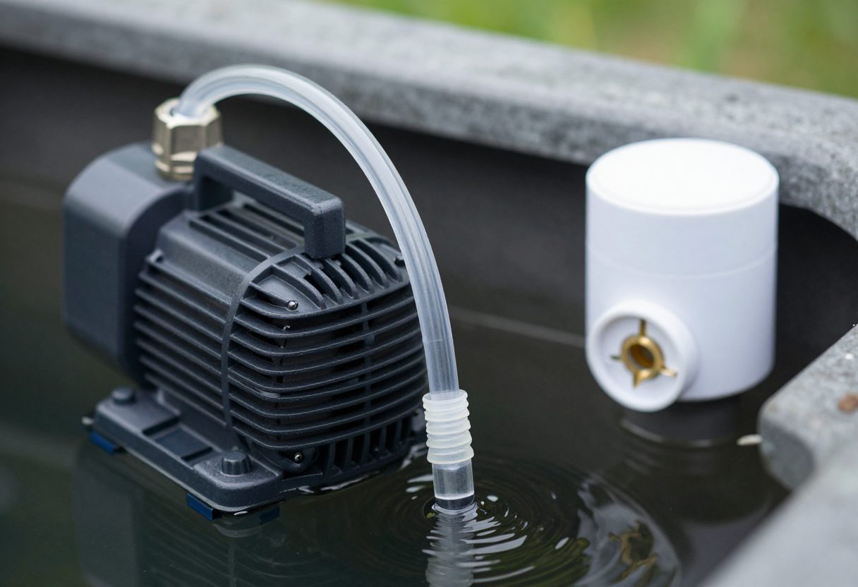 A submersible pump with clear tubing beside a dark reservoir and a plug-in outlet timer