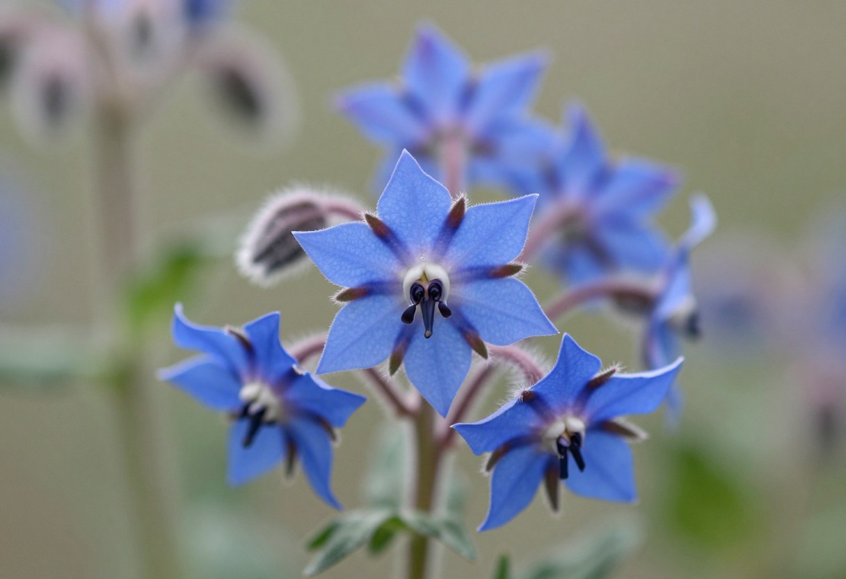 Vivid blue star-shaped borage flowers with tiny black centers